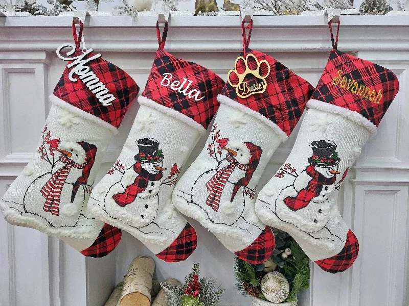 20" Winter Snowman Christmas Stocking with Custom Name Personalized Embroidered Tag Cardinal Santa Buffalo Check plaid red black