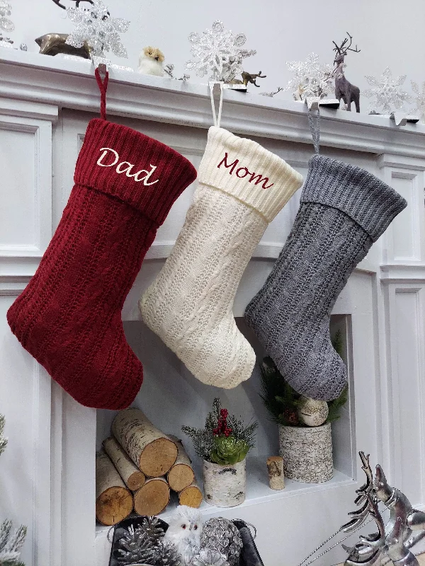 Cable Knit Christmas Stockings Personalized Burgundy | Ivory | Grey | with Cutout Wood Name Tag Custom Embroidered Xmas Modern Decor