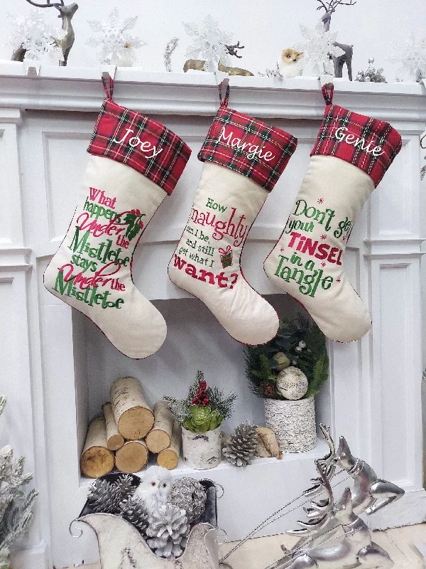 Funny Christmas Stockings | Plaid Tartan  Naughty Tinsel Mistletoe Gag Gift Party Friends Office Co Workers Personalized Embroidered Name