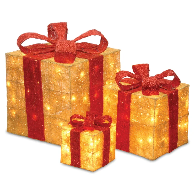 Pre-Lit Gold Gift Boxes, Set of Three, 105 White Lights