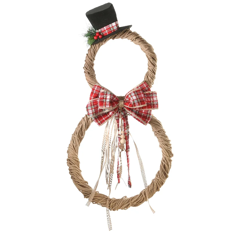 16 in. Jute Snowman Holiday Christmas Wall Decor, Rustic, with Red Plaid Ribbons and Beaded Cords